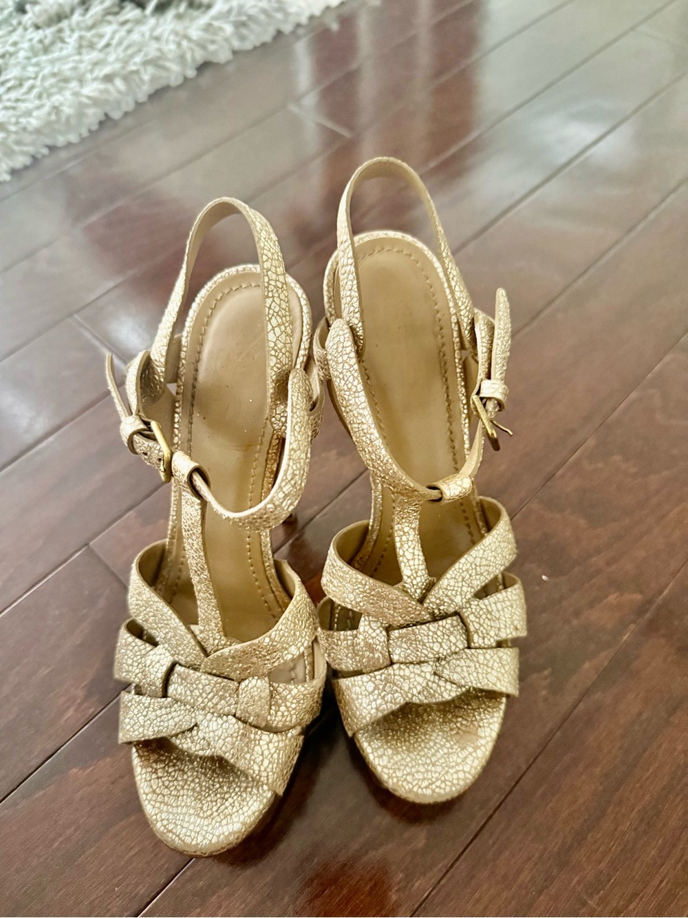 YSL Tributes Gold Strappy Slingback Heeled Sandals - Women